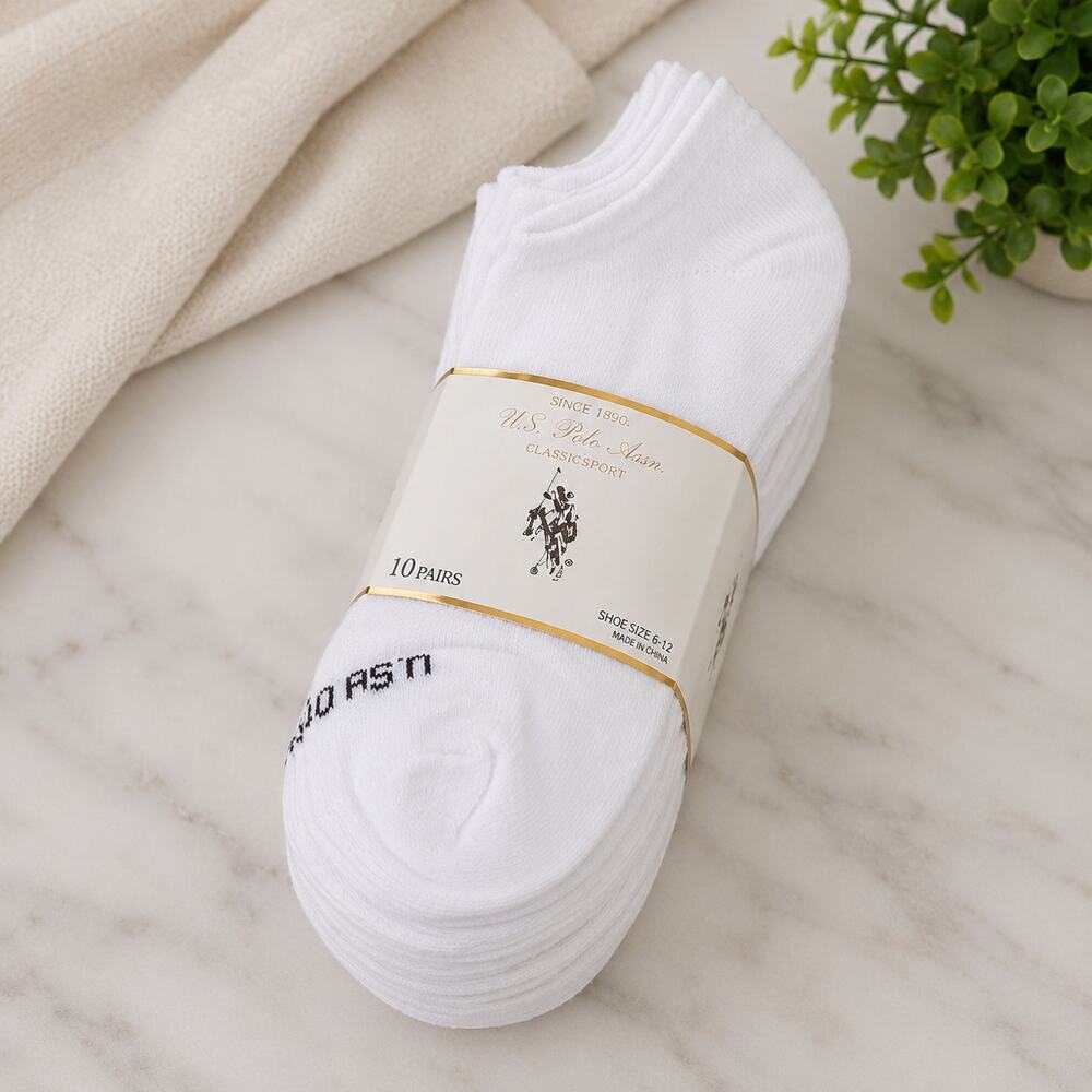 U.S. Polo Assn 10 Pair Low Cut Athletic Socks White Moisture Control NWT